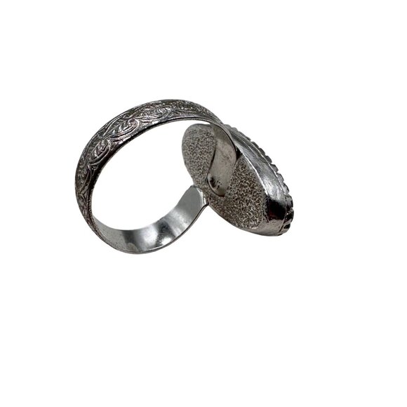 Vintage Ring Sarah Coventry Faux Turquoise Silver Tone Textured Adjustable Band - Picture 6 of 12